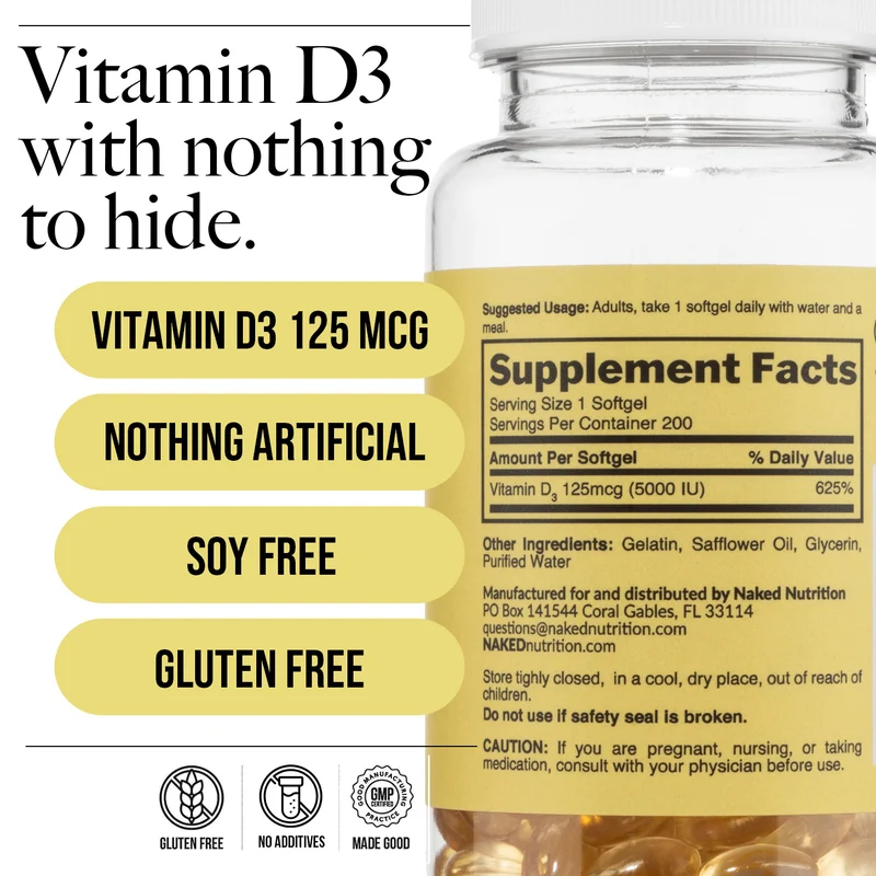 Daily Vitamin D3 Supplement | Naked Vitamin D - 200 Softgels