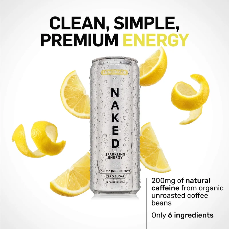 Lemonade Naked Sparkling Energy | Clean Energy Drink - 12 Cans