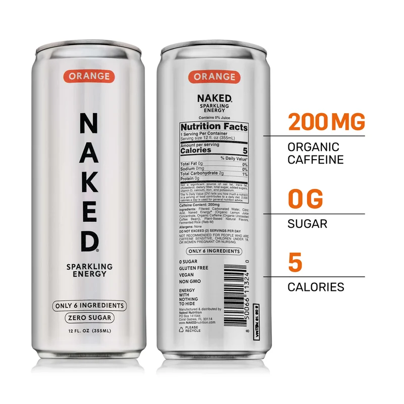 Orange Naked Sparkling Energy | Clean Energy Drink - 12 Cans