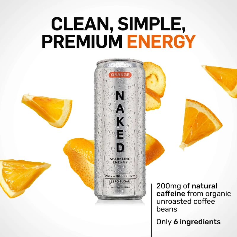 Orange Naked Sparkling Energy | Clean Energy Drink - 12 Cans