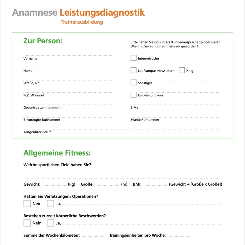 20 Stück Anamnesebögen Leistungsdiagnostik