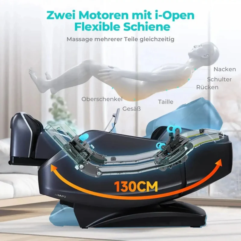 NAIPO S61 4D Massagesessel – S+L-Schiene 130 cm, 20 Programme, 40 Luftkissen
