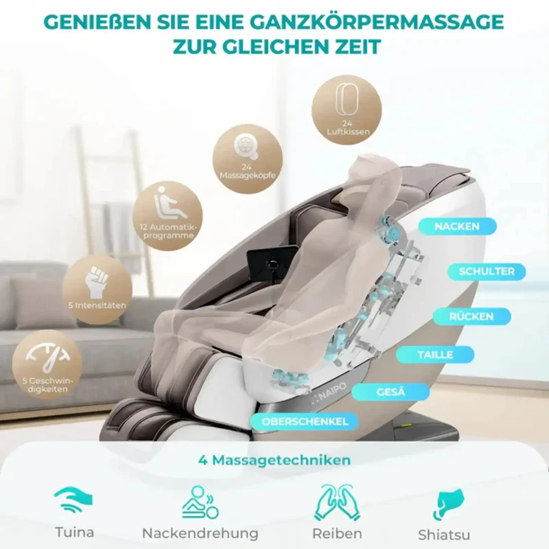 NAIPO Tai Chi Flow P50 Massagesessel – 2D, Tai-Chi-Schiene 135 cm, 12 Heizköpfe