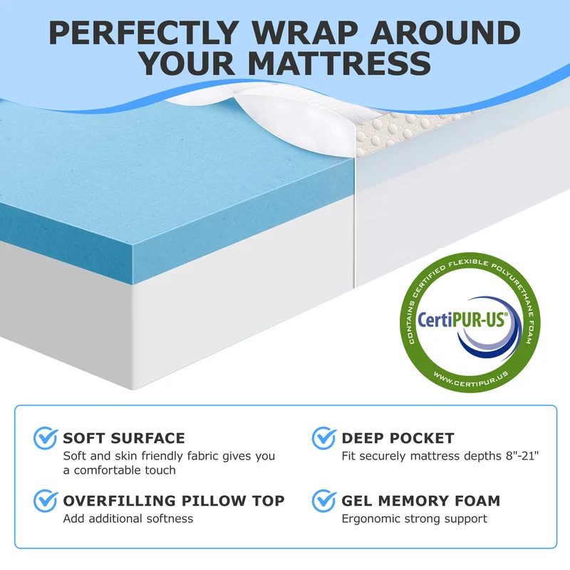 AIRHOT Dual Layer 3 Inch Memory Foam Mattress Topper, 2 Inch Gel Memory Foam and 1 Inch Cooling Pillow Top Mattress Pad Cover