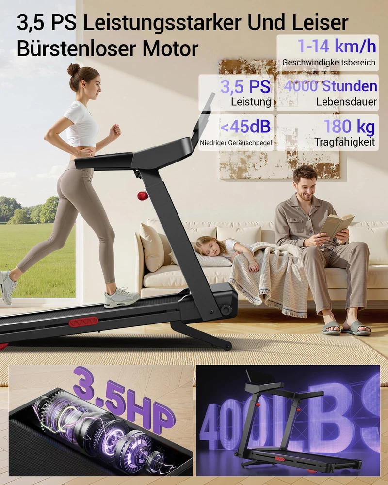 LONTEK Laufband 14 KM/H mit 20% automatischer Steigung, 4-fach verstellbare Konsole, 3.5 HP Motor, LED-Display, bis 180 kg