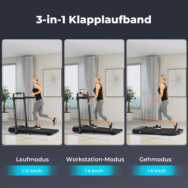 Riksion Laufband klappbar mit Schreibtisch, Steigung einstellbar, bis 14 km/h, LED-Anzeige, App & Fernbedienung