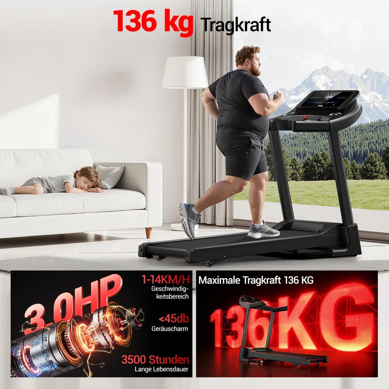 UMAY Laufband klappbar mit Steigung 3 Stufen, 3,0 PS Motor, 14 km/h, leise, App-Steuerung, 12 Programme