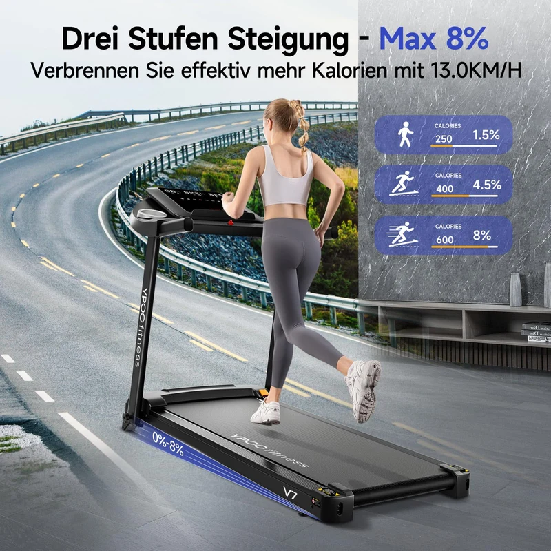 YPOO Laufband klappbar mit 8% Steigung, 2,5 HP Motor, 13 km/h, große Lauffläche 106x38 cm, LED-Display