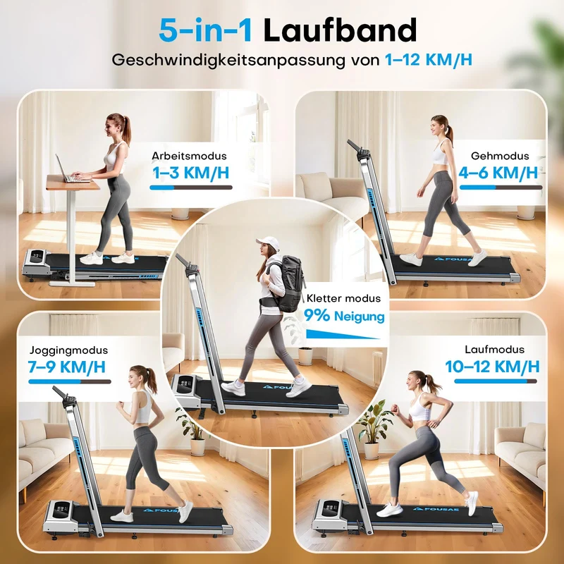 FOUSAE Laufband klappbar mit 9% Steigung, 2.75HP Walking Pad für Zuhause, bis 160 kg, App-kompatibel