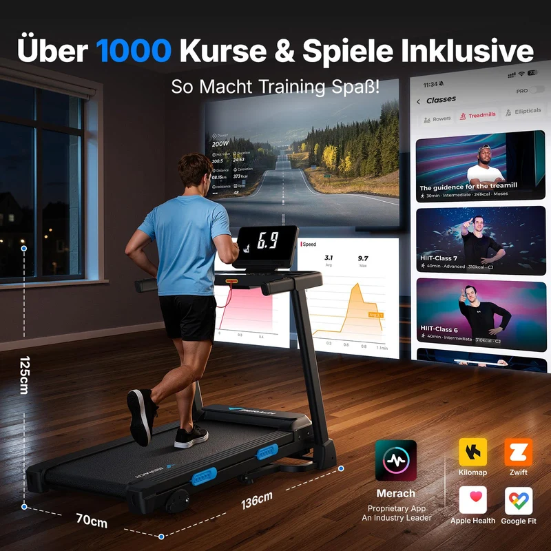 Laufband klappbar mit 15% Steigung, 2.5PS elektrisch, 0.8-12km/h, LED Display, bis 136kg