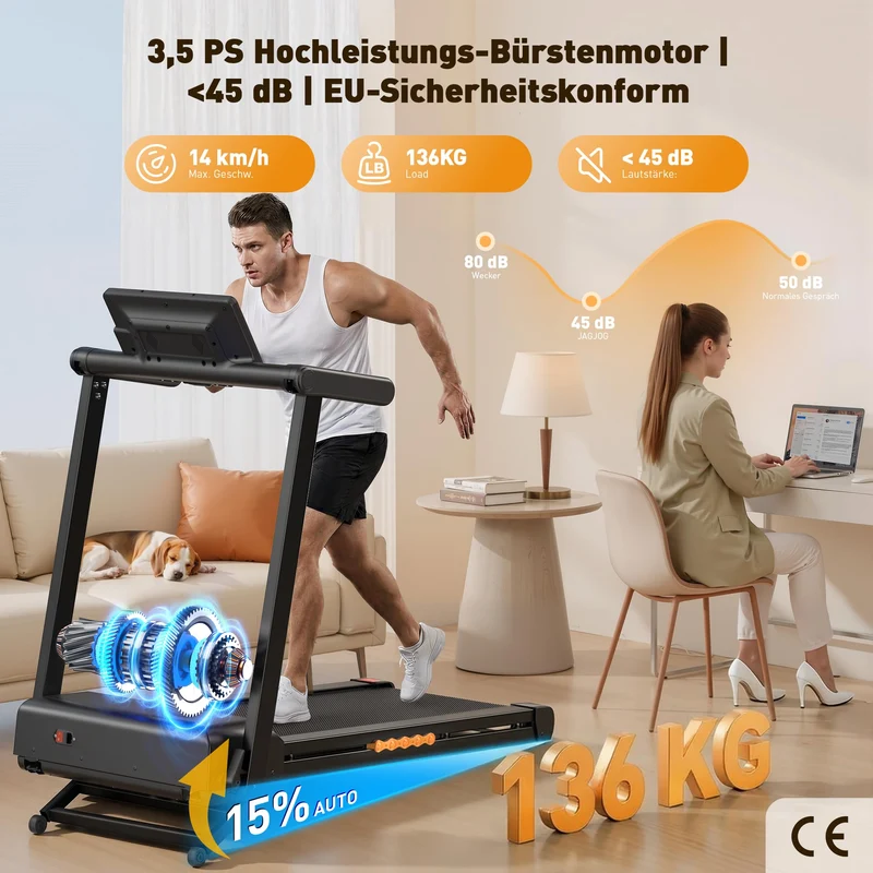 JAGJOG Laufband klappbar mit 15% Steigung, 3,5 PS Motor, 12 HIIT-Programme, App-Steuerung, für Zuhause