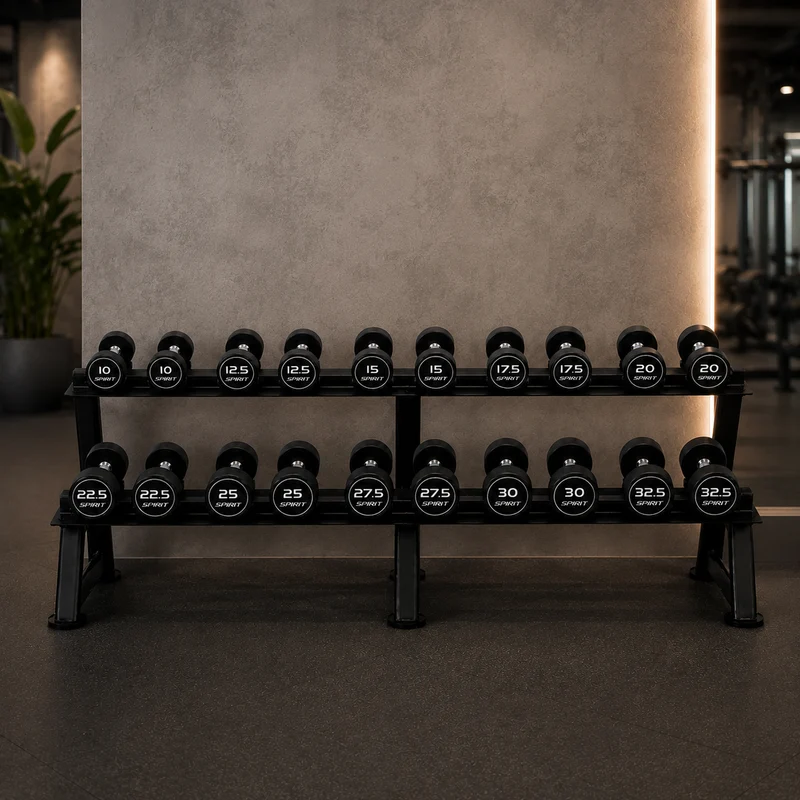 Spirit Fitness Round Rubber Kurzhantel 10 Paar Set mit Hantelablage