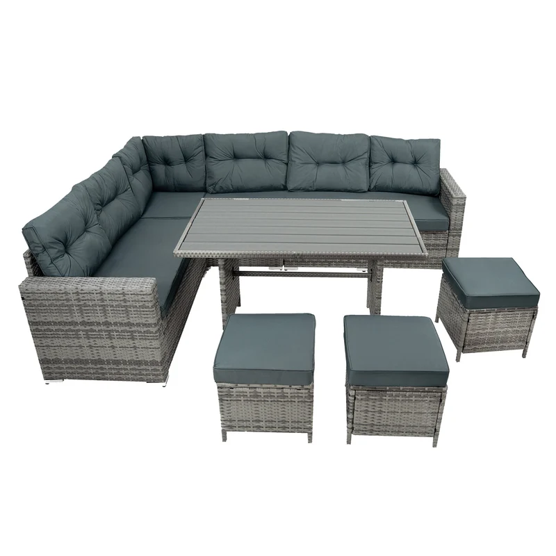 Rattan Eckset mit Verbundstoff-Tisch – Grau