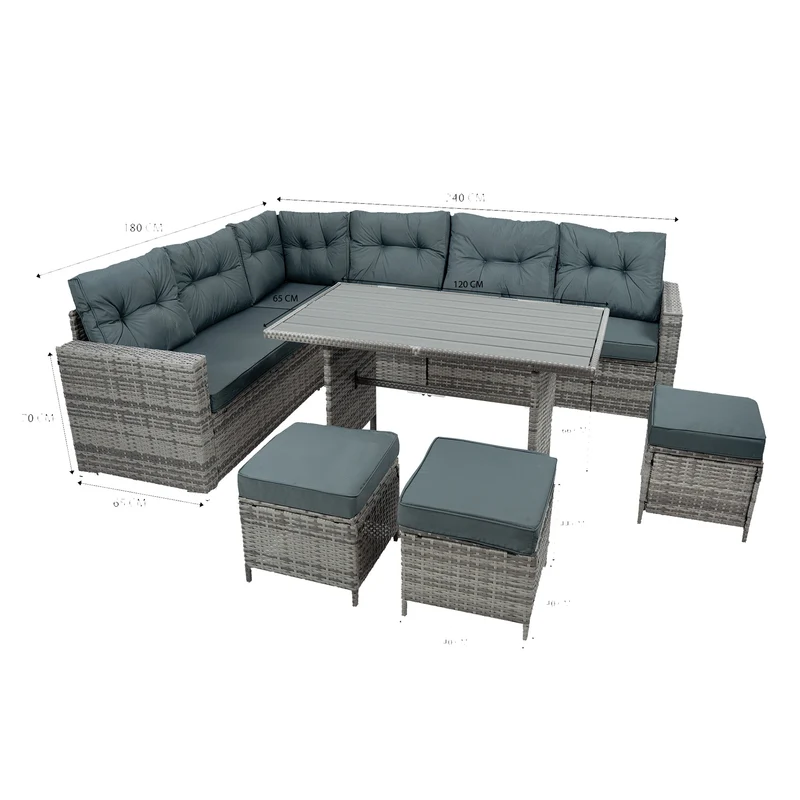 Rattan Eckset mit Verbundstoff-Tisch – Grau