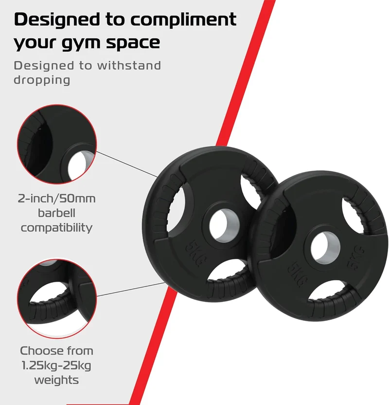 2 x 5kg Olympische Tri-Grip Gummi-Hantelscheiben Schwarz