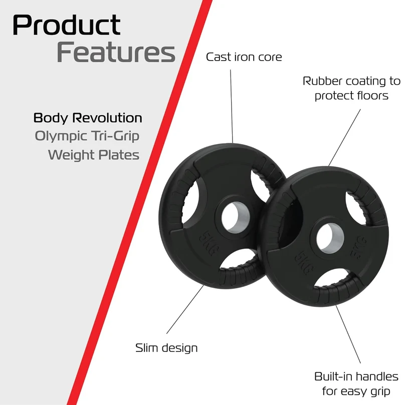 2 x 1.25kg Olympische Tri-Grip Gummi-Hantelscheiben Schwarz