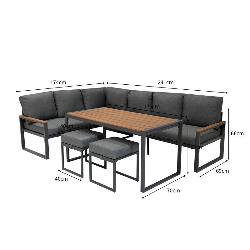 Aluminium 5-teiliges Ecksofa-Set mit schwarzer Rattan-Aufbewahrungsbox - Holz