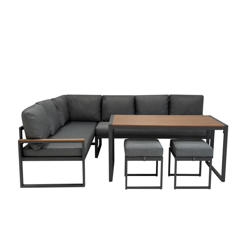 Aluminium 5-teiliges Ecksofa-Set mit schwarzer Rattan-Aufbewahrungsbox - Holz