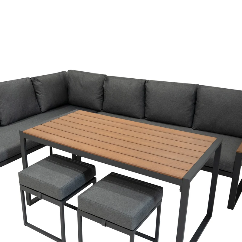 Aluminium 5-teiliges Ecksofa-Set mit schwarzer Rattan-Aufbewahrungsbox - Holz