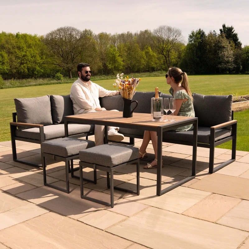 Aluminium 5-teiliges Ecksofa-Set mit schwarzer Rattan-Aufbewahrungsbox - Holz