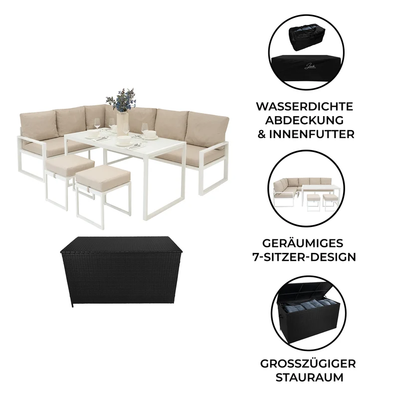 Aluminium 5-teiliges Ecksofa-Set mit schwarzer Rattan-Aufbewahrungsbox - Weiß