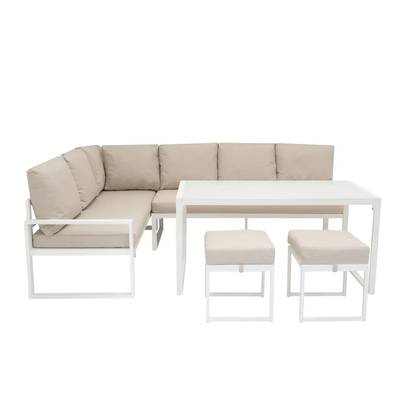 Aluminium 5-teiliges Ecksofa-Set mit schwarzer Rattan-Aufbewahrungsbox - Weiß