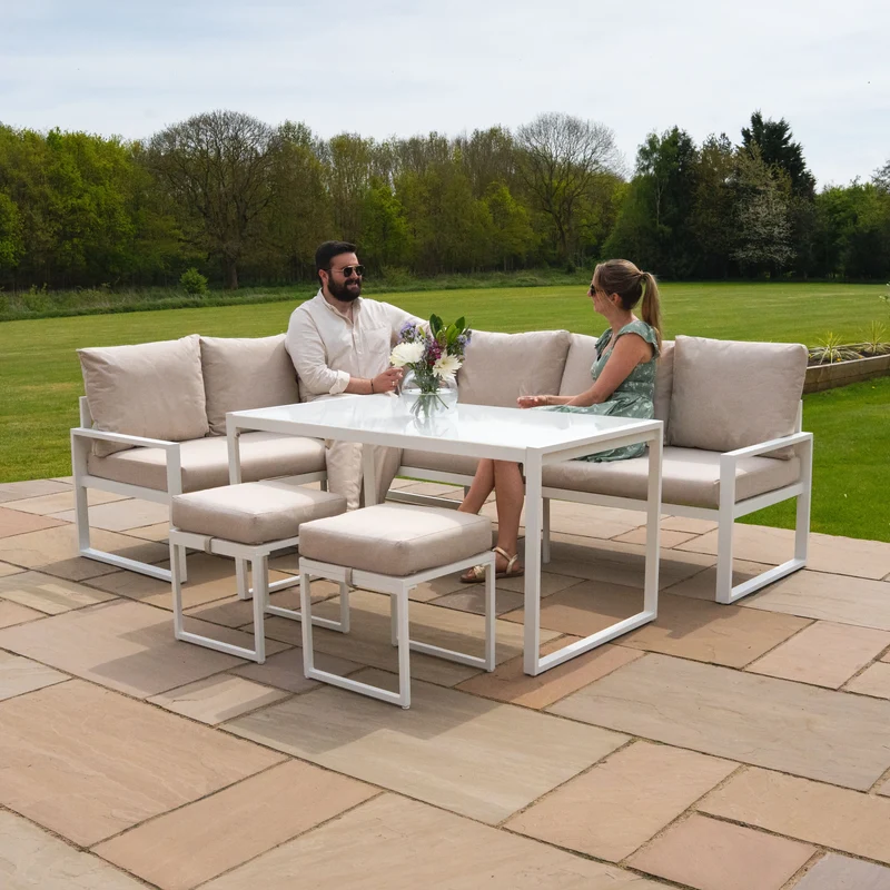Aluminium 5-teiliges Ecksofa-Set mit schwarzer Rattan-Aufbewahrungsbox - Weiß