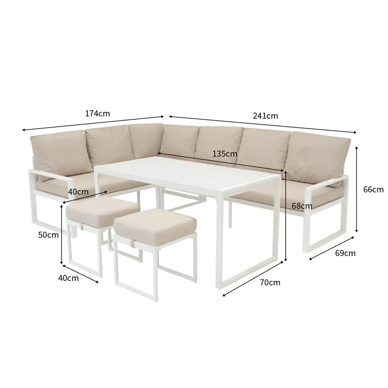 Aluminium 5-teiliges Ecksofa-Set mit schwarzer Rattan-Aufbewahrungsbox - Weiß