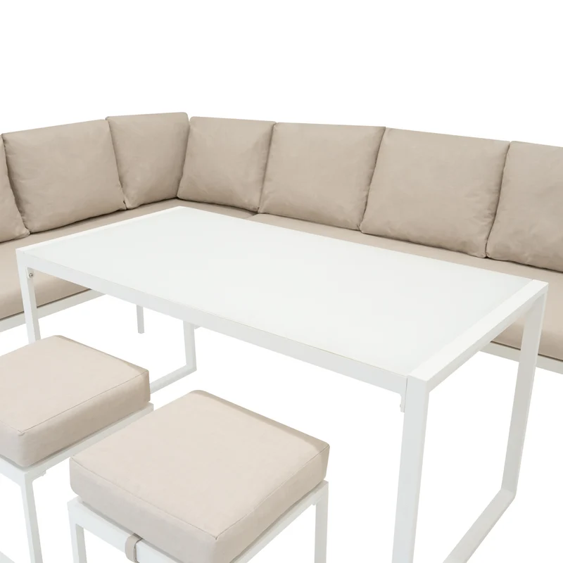 Aluminium 5-teiliges Ecksofa-Set mit schwarzer Rattan-Aufbewahrungsbox - Weiß