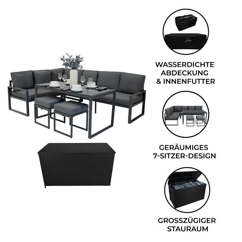 Aluminium 5-teiliges Ecksofa-Set mit schwarzer Rattan-Aufbewahrungsbox - Anthrazitgrau