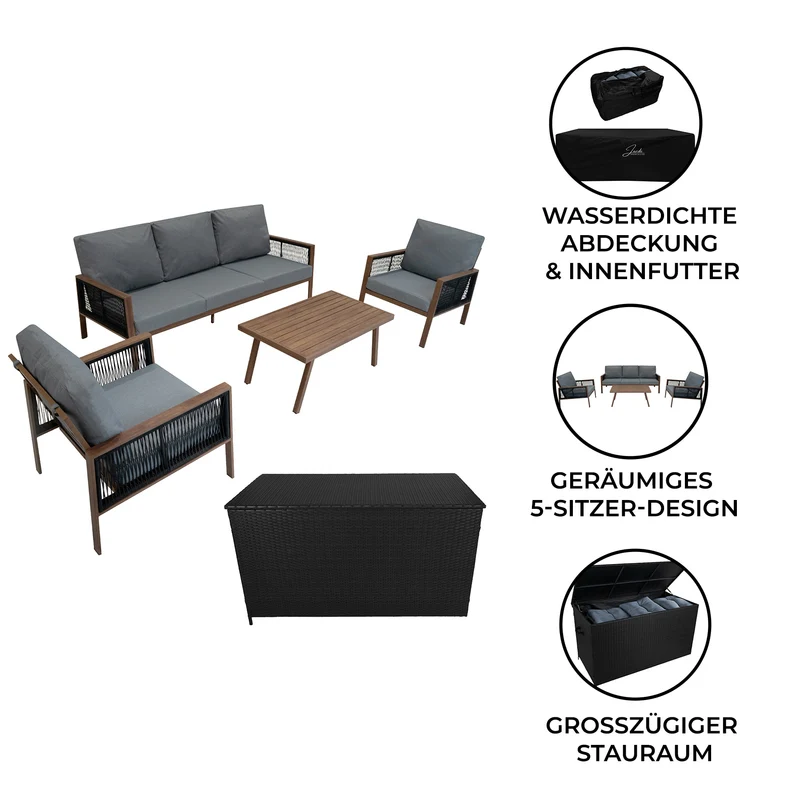 4-teilige Aluminium-Sofagarnitur mit schwarzer Rattan-Aufbewahrungsbox – Holz