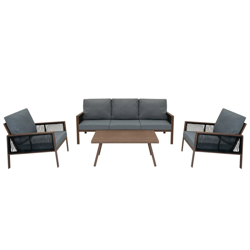 4-teilige Aluminium-Sofagarnitur mit schwarzer Rattan-Aufbewahrungsbox – Holz