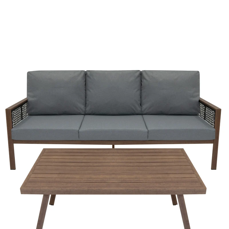 4-teilige Aluminium-Sofagarnitur mit schwarzer Rattan-Aufbewahrungsbox – Holz
