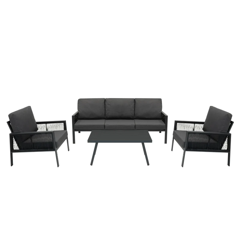 4-teilige Aluminium-Sofagarnitur mit schwarzer Rattan-Aufbewahrungsbox – Anthrazitgrau