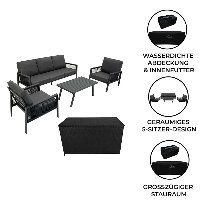 4-teilige Aluminium-Sofagarnitur mit schwarzer Rattan-Aufbewahrungsbox – Anthrazitgrau