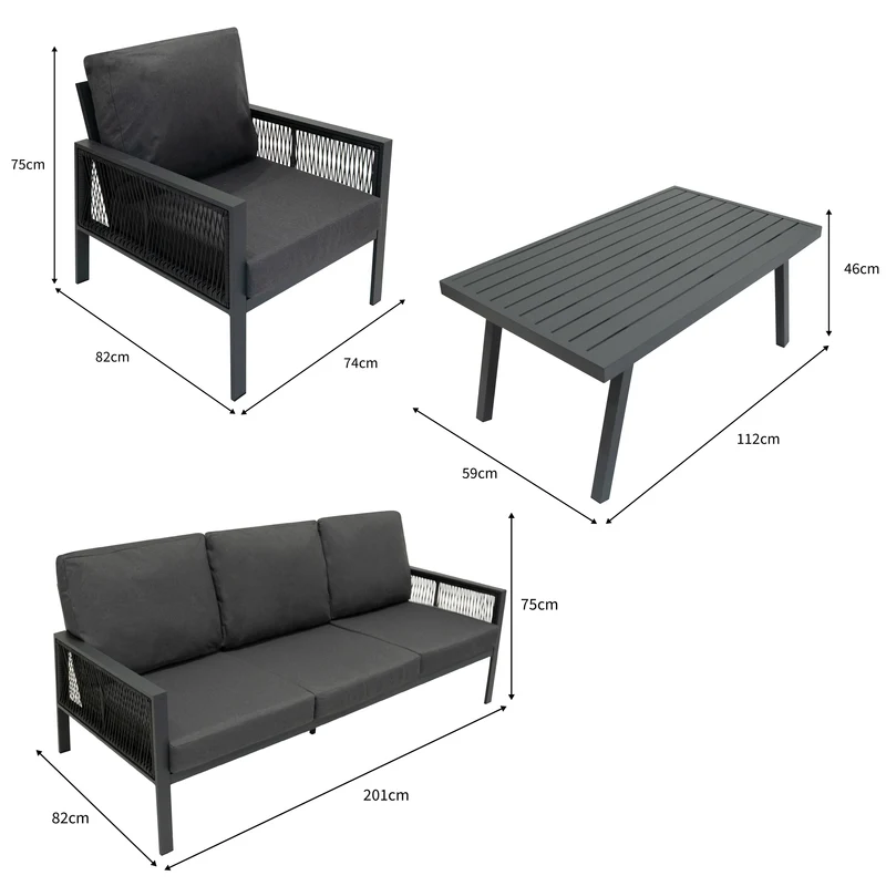 4-teilige Aluminium-Sofagarnitur mit schwarzer Rattan-Aufbewahrungsbox – Anthrazitgrau
