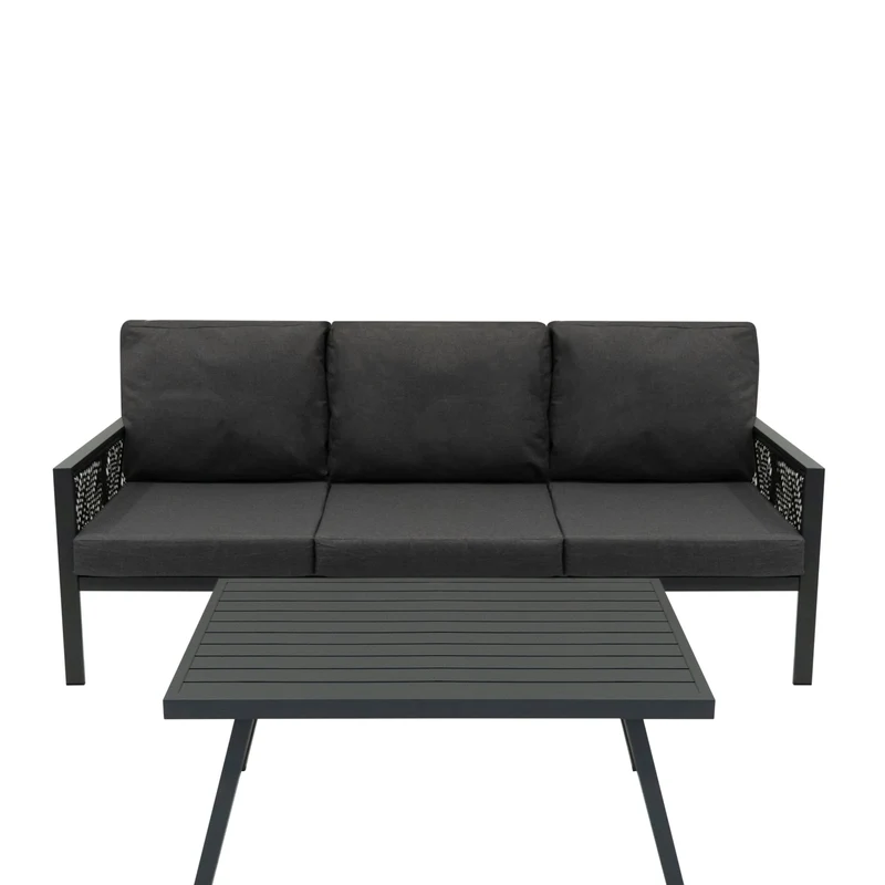 4-teilige Aluminium-Sofagarnitur mit schwarzer Rattan-Aufbewahrungsbox – Anthrazitgrau