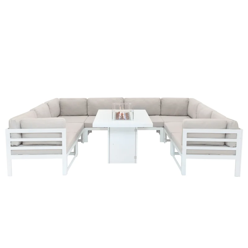 Aluminium 9-teiliges Modulares Gartenmöbelset mit Feuerstelle - Weiß