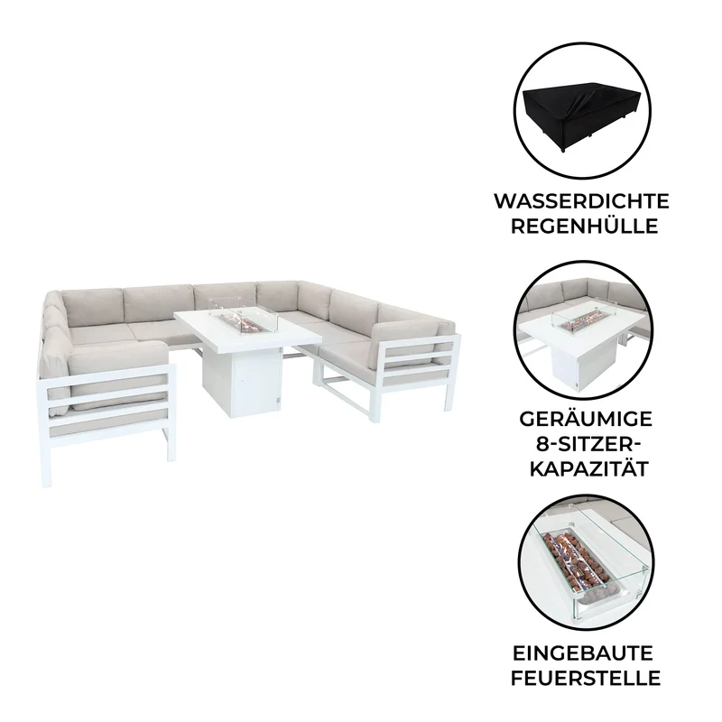 Aluminium 9-teiliges Modulares Gartenmöbelset mit Feuerstelle - Weiß