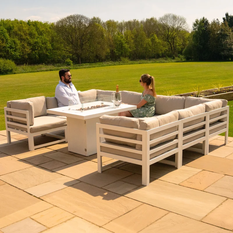 Aluminium 9-teiliges Modulares Gartenmöbelset mit Feuerstelle - Weiß