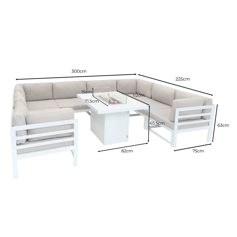 Aluminium 9-teiliges Modulares Gartenmöbelset mit Feuerstelle - Weiß