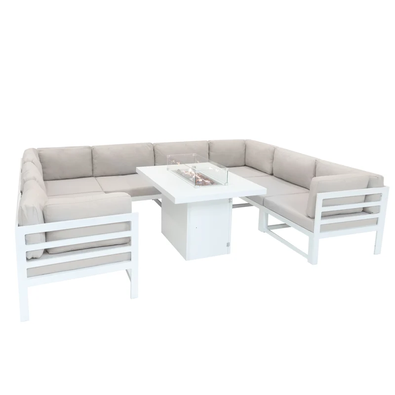Aluminium 9-teiliges Modulares Gartenmöbelset mit Feuerstelle - Weiß