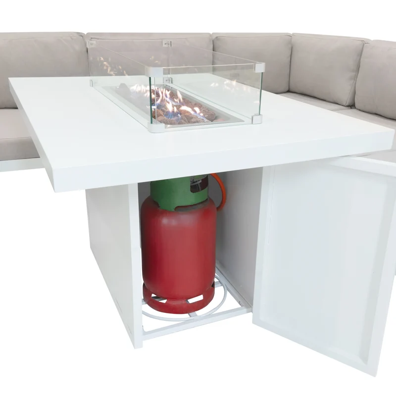 Aluminium 9-teiliges Modulares Gartenmöbelset mit Feuerstelle - Weiß