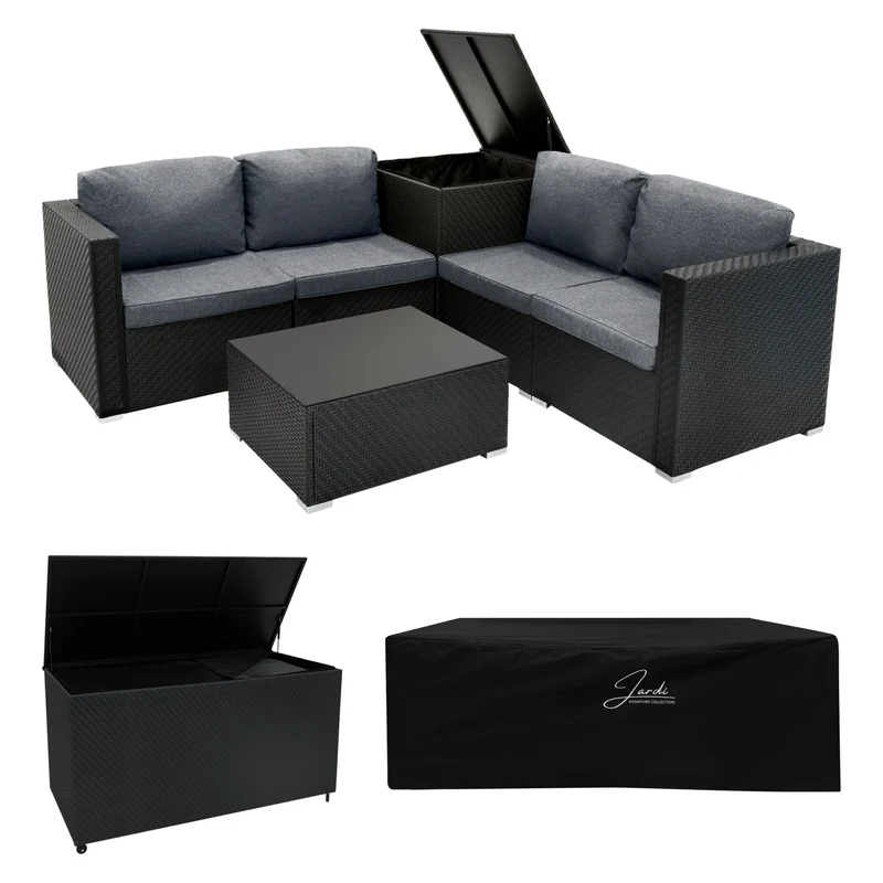 Rattan Modulares 6-teiliges Möbelset mit Aufbewahrungsbox 700L - Schwarz