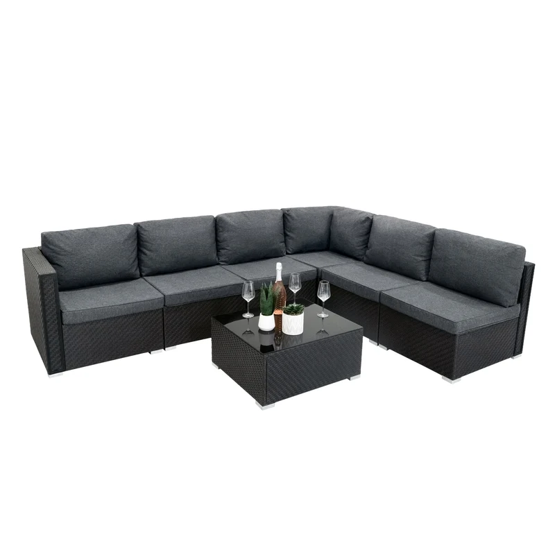 Rattan Modular 7-teiliges Möbelset – Schwarz
