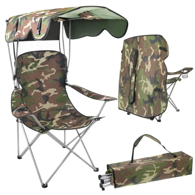 Anglerstuhl Campingstuhl mit Sonnendach, Tarnmuster, Getränkehalterung Klappstuhl