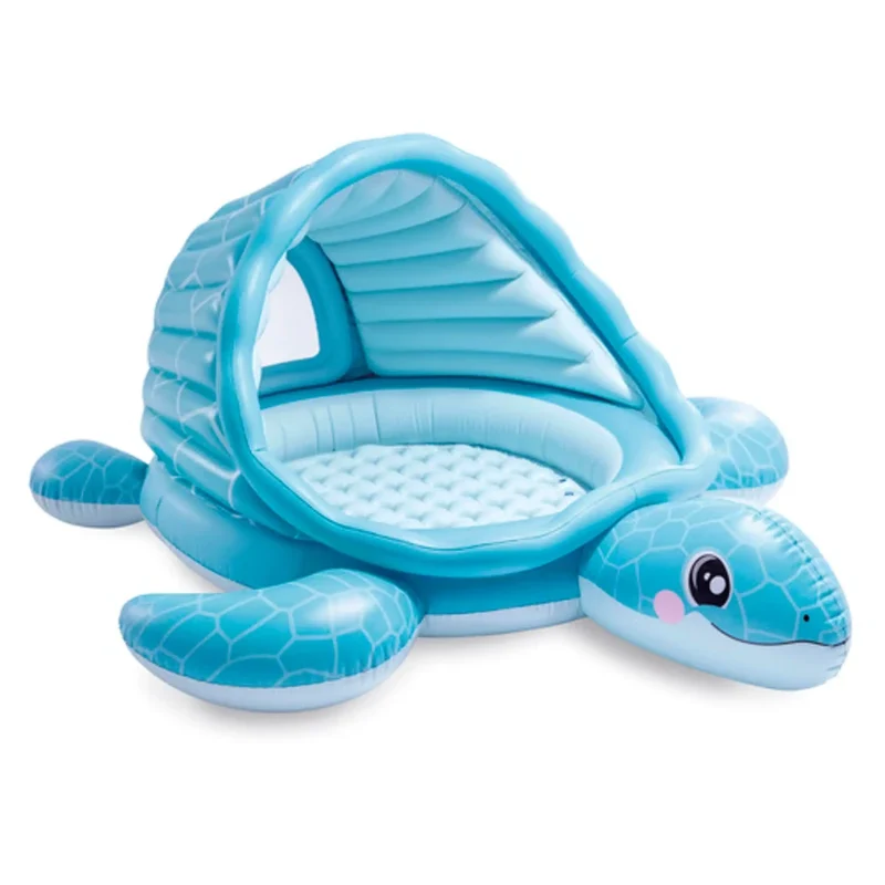 Kinder Pool Schildkröte Bällebad 2 in 1 Blau mit Sonnendach & weichem Boden, 218 x 206 x 97 cm