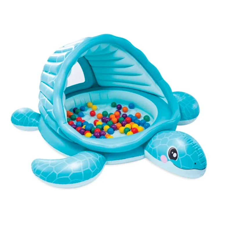 Kinder Pool Schildkröte Bällebad 2 in 1 Blau mit Sonnendach & weichem Boden, 218 x 206 x 97 cm