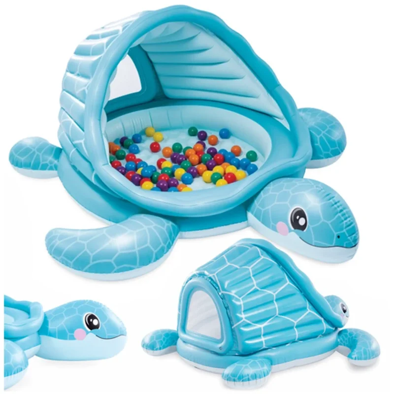Kinder Pool Schildkröte Bällebad 2 in 1 Blau mit Sonnendach & weichem Boden, 218 x 206 x 97 cm