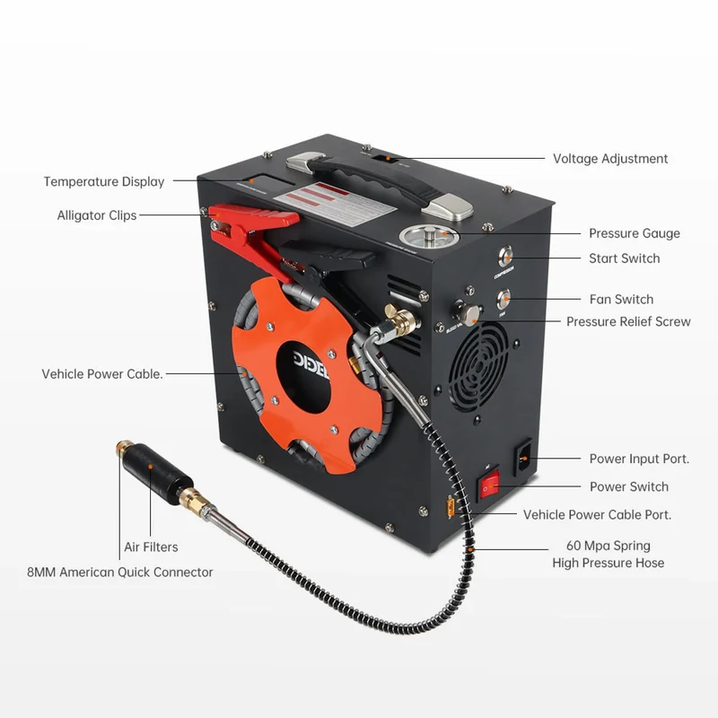 Elektrischer Hochdruckkompressor 300 Bar für Tauchflaschen, 350 W, 230 V/12 V, 8-mm-Schnellkupplung